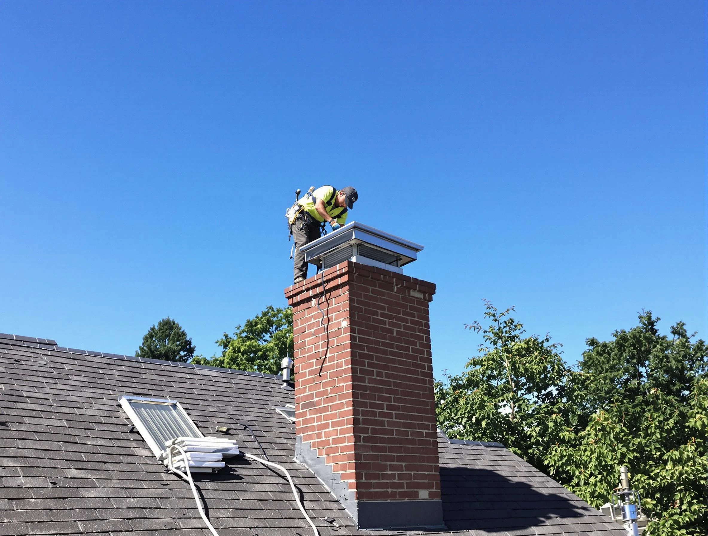 Goodlettsville Chimney Sweep technician measuring a chimney cap in Goodlettsville, TN